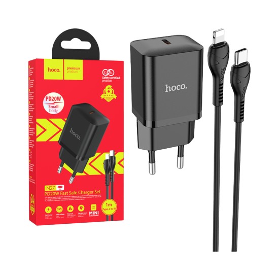 Hoco Innovative Charger Set N27 with Single Port PD20W (Type C to iPhone)(EU) Black